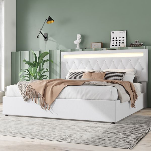 Polsterbett 180×200 cm aus Leinen-Stoff mit LED-Beleuchtung, USB-C-Anschluss und Stauraum, weiß