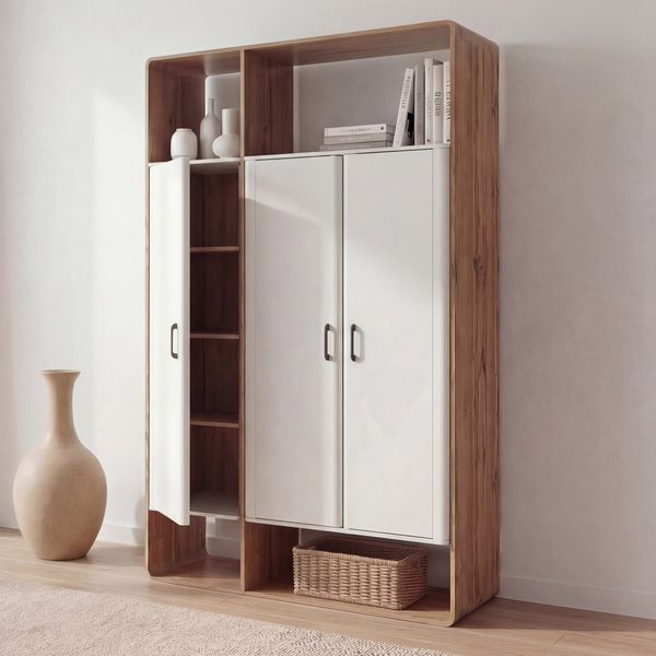 Schrank HWC-P43, Garderobenschrank Kleiderschrank Highboard 3 Türen MDF 200x120x55cm ~ Wotan-Eiche-Optik, weiß