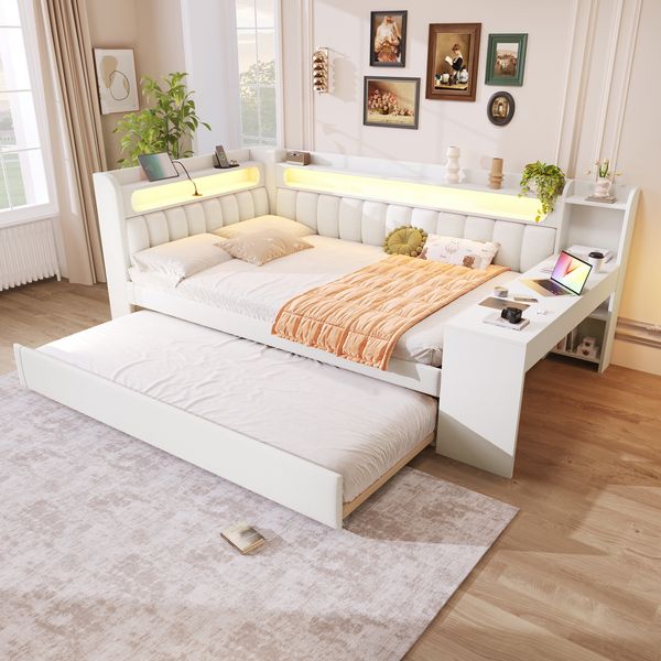 Merax Doppelbett 140x200cm, Kinderbett Gepolstertes Tagesbett mit USB-Anschlüssen und LED-Gürtel, mit Ausziehbett und Schreibtisch, Weiß