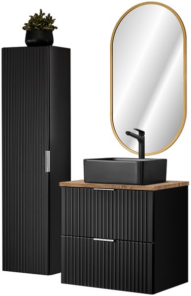 Badmöbel Set mit schwarzem Keramik Waschbecken und LED Spiegel, matt schwarz mit Eiche Nb, gerillte Front, ADELAIDE-56-BLACK, B/H/T ca. 110/200/46,5 cm