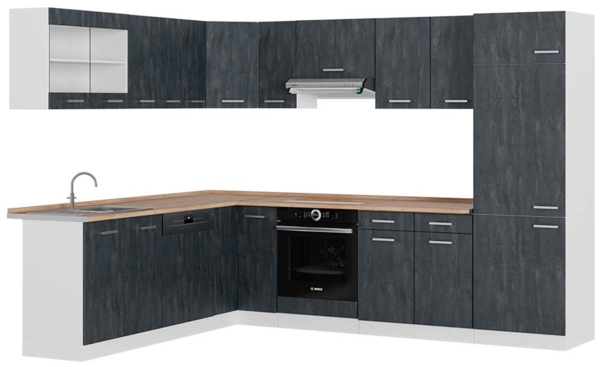 Eckküche R-Line Schwarz Beton/Weiß 287 x 60 cm AP Eiche Vicco