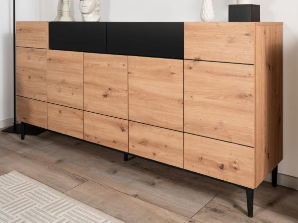 Sideboard Liam in Eiche Artisan und schwarz 180 x 90 cm