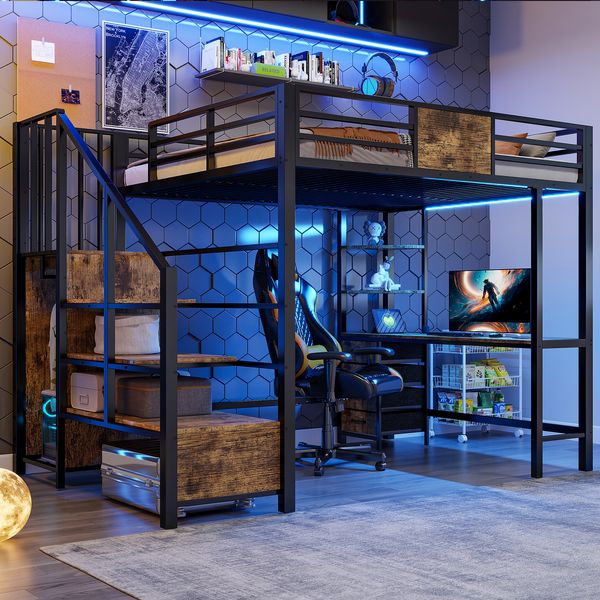Hochbett 140*200 aus Metall mit Schreibtisch, Ablagefächern, Kleiderstange, LED-Beleuchtung und Steckdose Multifunktionale Etagenbett ist ideal für Büros, Arbeitszimmer und kleine Zimmer.
