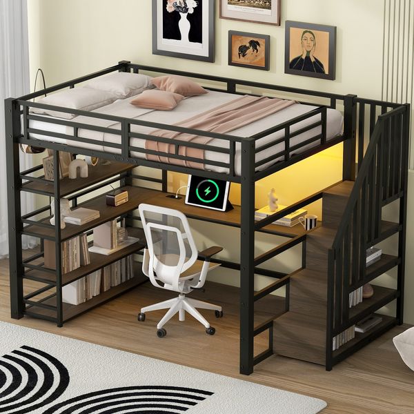 Hochbett mit RGB LED-Streifen, Schreibtisch, Lattenrost, Regal und USB, Treppe mit Regal, 140x200 cm, Kinderbett mit Rausfallschutz, Metallbett