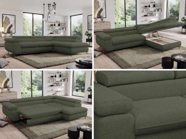 Mks Möbel 'Pedro L-Form' Ecksofa mit Schlaffunktion, verstellbaren Kopfstützen & Bettkasten, Beige, Mikrofaser, rechts Bild 2
