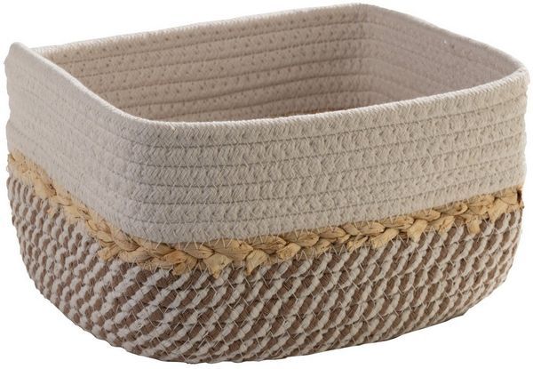 Home4You Aufbewahrungskorb, B 23 cm, H 13 cm, T 18 cm, Beige, Weiß, (1 St), Baumwolle, ohne Griffe