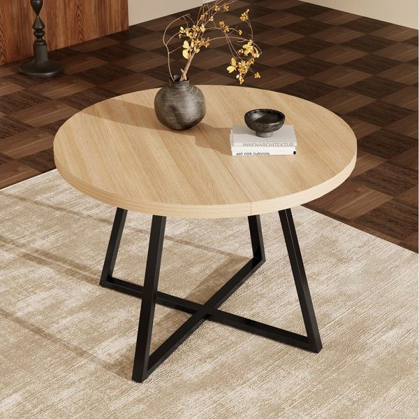 Flieks Esstisch ausziehbarer Küchentisch rund/oval (Länge 100-140x100x75 cm, Höhe Tischplatte 3cm, 1-St, 1 Tisch), erweiterbarer Tisch Holzoptik Schreibtisch Eichenfarbe, Metallgestell