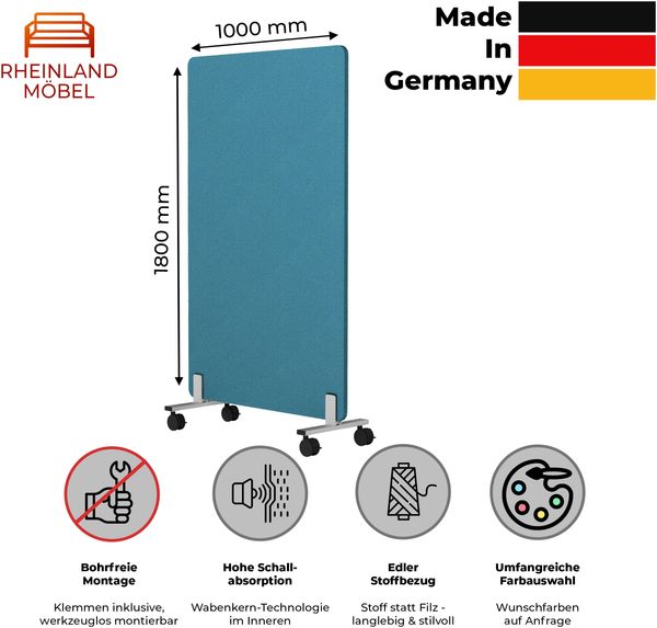 Rheinland Möbel FocusWall STWR1018 – Akustik-Stellwand 1000×1800 mm in Stofffarbe Marianna inkl. Rollen – Mobile Schreibtisch-Trennwand für Büro & Homeoffice – Schallschutz – Made in Germany Bild 2