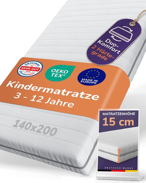 Sun Garden Kindermatratze 140x200 cm – 3–12 Jahre, 2-in-1 Mitwachs-System für Kinderbett & Jugendbett, Oeko-Tex & Dermatest „Sehr gut, 15 cm Komfortschaum RG28, Made in Europe