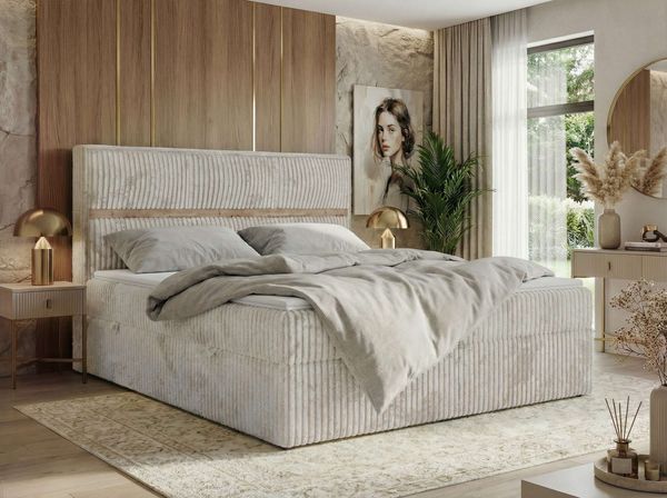 Premium Boxspringbett ORVO 140x200 cm mit Stauraum, Multipocket-Matratze 7 Härtezonen, H4, zwei Bettkästen - Topper T25 - Beige Cord