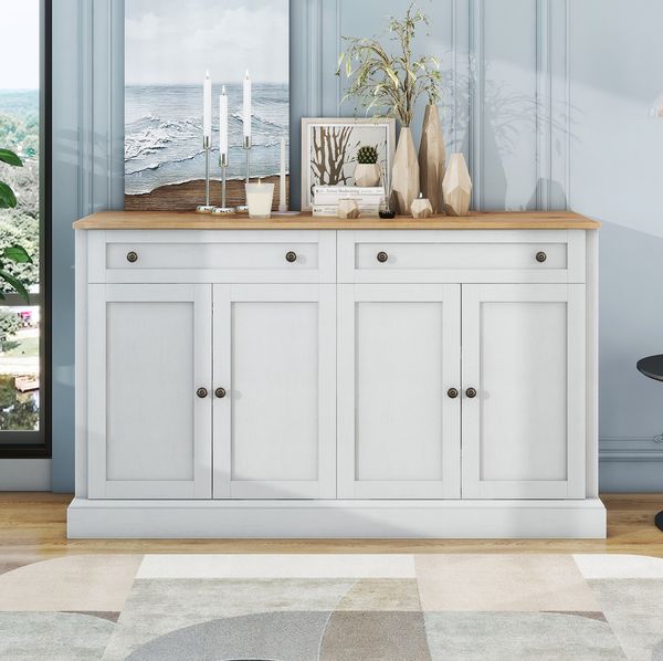 Sideboard, 150x40x86 cm, Sideboard in Weiß & Naturholzoptik, 4 Türen & 2 Schubladen