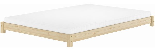 Niedriges Doppelbett Bodenbett Echtholzbett 140x200 Kiefer unbehandelt V-60.51N-14Rollrost und Matratze inkl.
