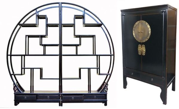 Vintage Asia Asiatische Möbelkombination Schrank Hochzeitsschrank Regal Rundregal Chinesisch Schwarz