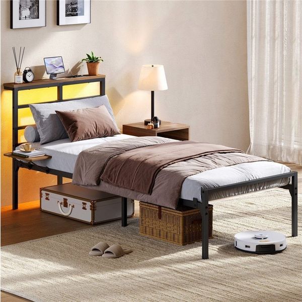 Yaheetech Metallbett Stabiler Bettrahmen mit LED-Beleuchtung & Ladestation, Einzelbett 90 × 200 cm Bettgestell mit Stauraum unter dem Bett