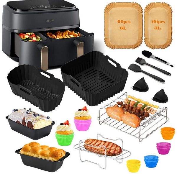 SURFOU Backform Heißluftfritteuse zubehör für Philips airfryer zubehör 28-tlg BPA-frei, (29-tlg Heißluftfritteuse Zubehör Set für Philips Airfryer Dual Basket 3000/5000 Serie(z. B. NA350/00, NA352/04), und Tefal EY9018 Dual Easy Fry, und die meisten Du...
