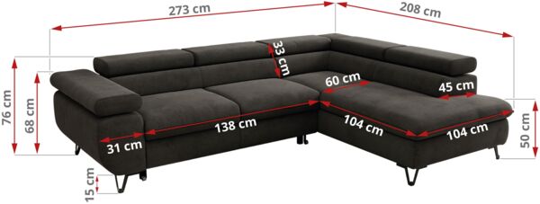 MKS Möbel 'Pablo L-Form' Ecksofa mit Schlaffunktion, verstellbare Kopfstützen, Dunkelgrau, Samt, T25 Topper, Links Bild 6