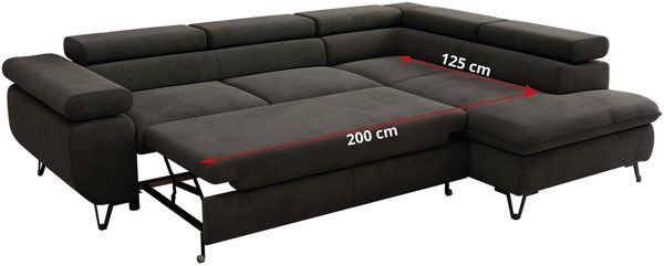 MKS Möbel 'Pablo L-Form' Ecksofa mit Schlaffunktion, verstellbare Kopfstützen, Dunkelgrau, Samt, T25 Topper, Links Bild 7