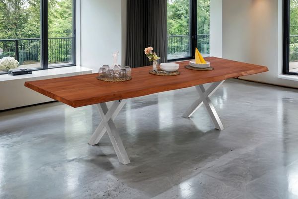 Esstisch Baumkante Akazie nuss 220 (320) x 100 X-Gestell silber mit Ansteckplatten CALI 150443167