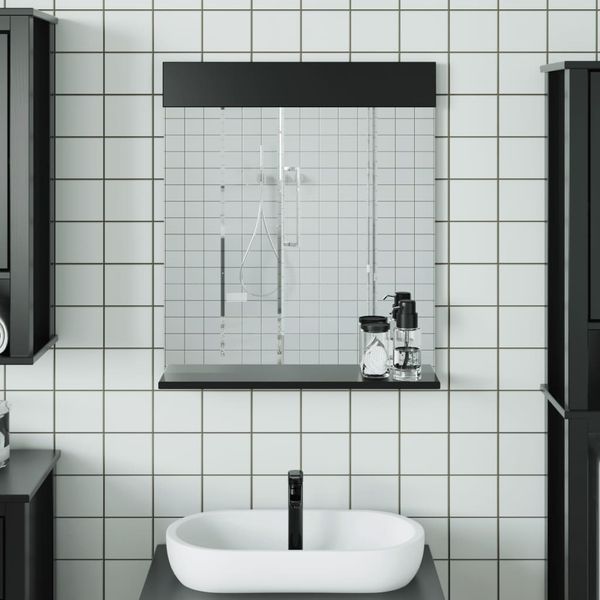Badspiegel, Badezimmerspiegel mit Ablage BERG Schwarz 60 x 12 x 70 cm Massivholz