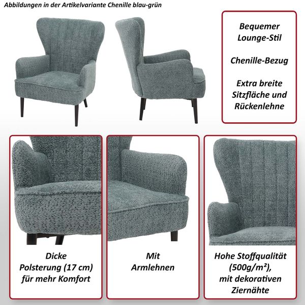 Lounge-Sessel HWC-K37, Cocktail-/Ohrensessel Polsterstuhl Retro Vintage Stoff Chenille (500g/m²) Öko-Tex ~ dunkelgrau Bild 2