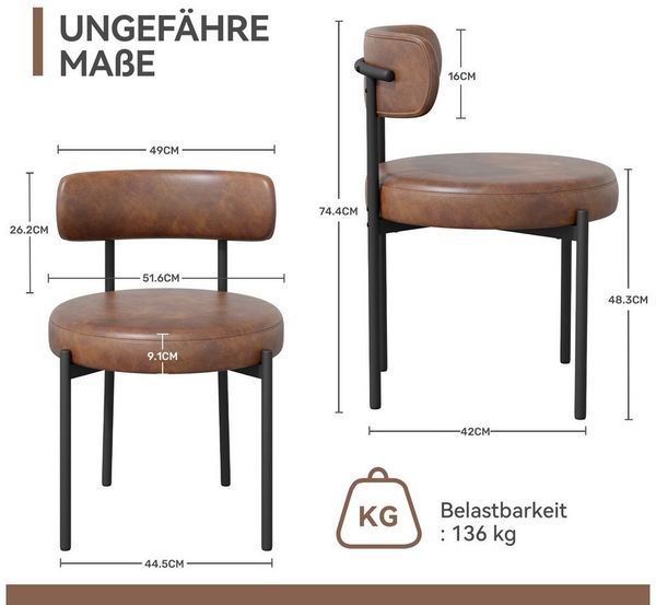 HawthyHome Esszimmerstuhl Runder Polsterstuhl mit Metallgestell, Wohnzimmerstuhl, Küchenstuhl (2 St), 2er Set