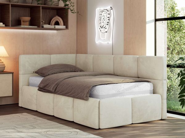 Jugendbett 90x200 ARVO Polsterbett mit Bettkasten, Stauraum & Gasdruckfeder, Modernes Design mit Kopfteil - Beige Velvet - Links Seite