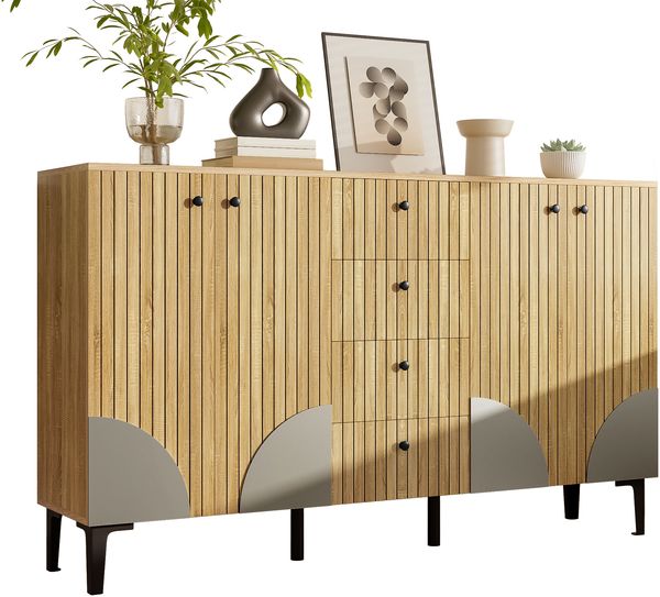 Moderner Aufbewahrungsschrank aus Holz mit 4 Türen und 4 Schubladen, minimalistisches Design, ideal für Wohnzimmer, Esszimmer oder Flur, 160 x 36 x 94 cm