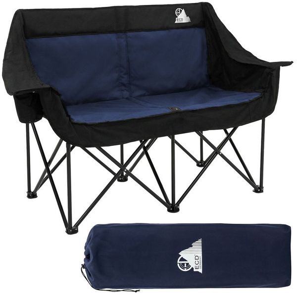 ECD Germany Campingstuhl Campingsofa faltbar für 2 Personen 2-Sitzer mit Tasche/Getränkehaltern, Doppel Klappstuhl mit Stahlgestell, Campingbank Faltsofa gepolstert