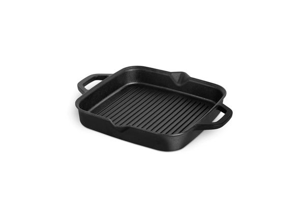 BURNHARD® Gusseisen Grillpfanne, quadratisch 30 cm, Pre-Seasoned, Steakpfanne für Gasgrill, Backofen, Feuerstelle und alle Herdarten inkl. Induktion - Schwarz - #946105