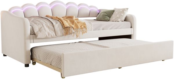 Daybettt, 90x200cm Tagesbett mit ausziehbarem Bett,Schlafsofa, Einzelbett(Ohne Matratze), Samt, farbwechselndes Umgebungslicht, Fernbedienung,minimalistisches Styling,Beige Bild 7