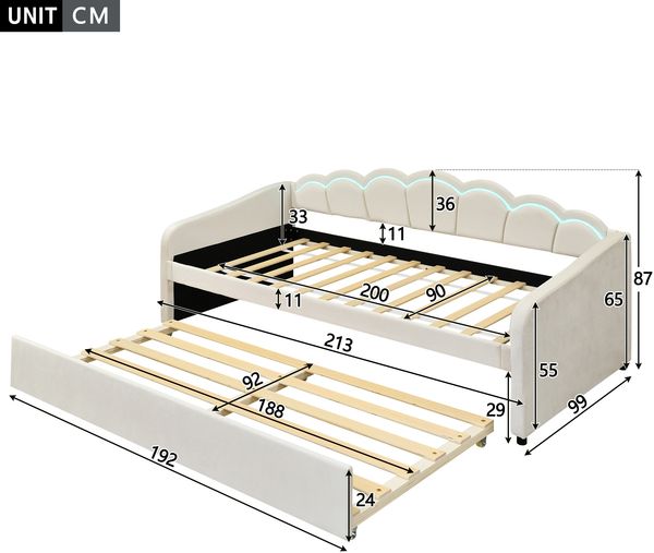 Daybettt, 90x200cm Tagesbett mit ausziehbarem Bett,Schlafsofa, Einzelbett(Ohne Matratze), Samt, farbwechselndes Umgebungslicht, Fernbedienung,minimalistisches Styling,Beige Bild 9