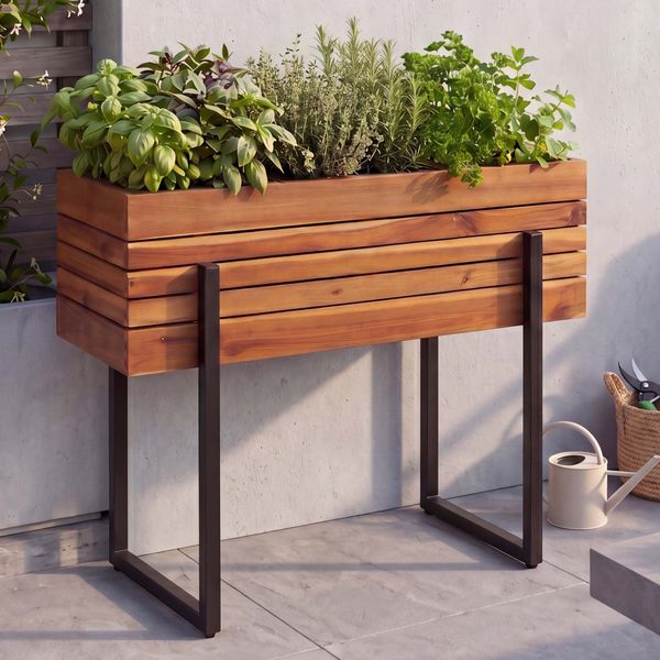 Hochbeet HWC-P85, Pflanzbeet Blumen-/Pflanzkasten Pflanzkübel, Outdoor Metall Akazie Holz FSC® 68 x 80 x 30 cm ~ braun