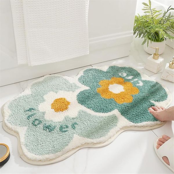 ABC Rutschfester Badteppich, weicher Mikrofaser-Badeteppich, geeignet für Badezimmer, Küchen, Schlafzimmer und Türen (doppeltes Blumenmuster