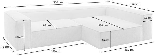 KAWOLA Sofa CARMO Ecksofa Stoff weiß mit Hocker Recamiere rechts 68 x 191 x 306 cm Bild 5