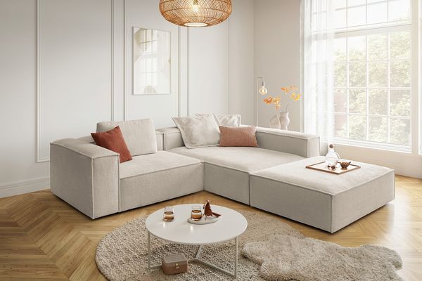 KAWOLA Sofa CARMO Ecksofa Stoff weiß mit Hocker Recamiere rechts 68 x 191 x 306 cm