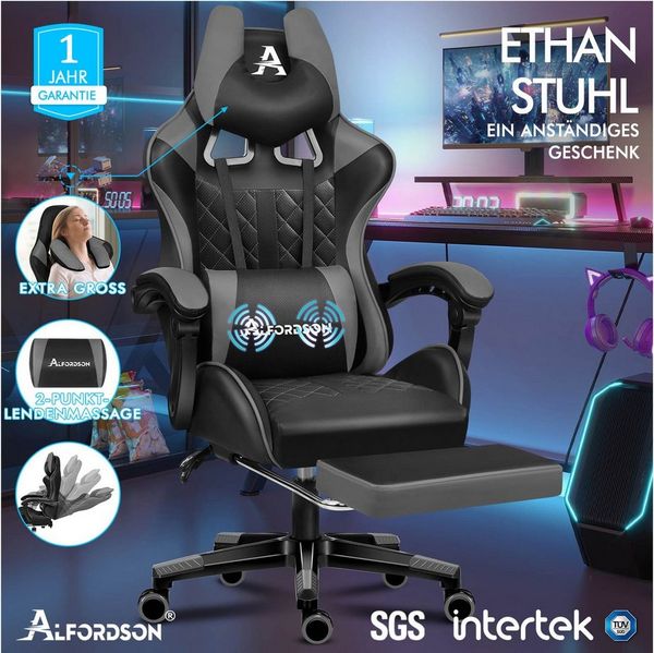 ALFORDSON Gaming-Stuhl Bürostuhl, Integrierte Fußstütze, mit Lendenwirbelkissen, 150° Neigungsverstellung, PU-Ledersitz mit hoher Rückenlehne