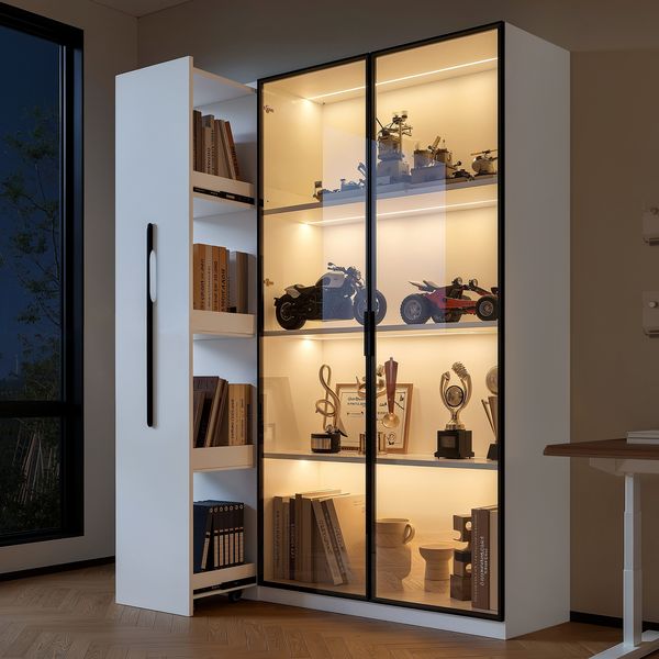 Flieks LED Vitrinenschrank 110.5×35×160 cm, Multifunktionsschrank mit Glasvitrine, Bücherregal & Aufbewahrungsschrank, Rollschrank weiß