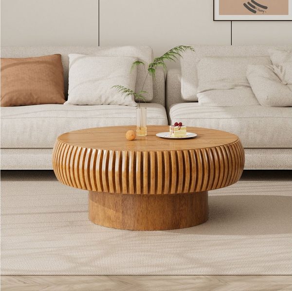 TWSOUL Couchtisch rund 70 cm modern, Wohnzimmertisch Holzoptik Rillenstruktur, braun, 70×35 cm