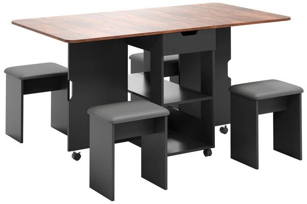 Mondeer Essgruppe Esstisch mit 4 Polsterhocker, Platzsparender Drop-Leaf-Tisch mit 2 Schubladen & Rollen