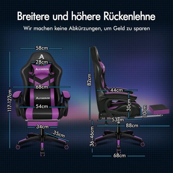 ALFORDSON Gaming-Stuhl ergonomisch mit Lendenwirbelstütze, Kopfstütze & 8-Punkt-Massage (1 St), Höhenverstellbar, neigbar, für Erwachsene, Mädchen und Jungen – Lila
