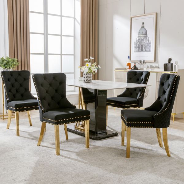 Stuhl 50,5x45x95 cm, Samt Schwarz, Nagelkopfbesatz und vergoldete Edelstahlbeine,4er-Set