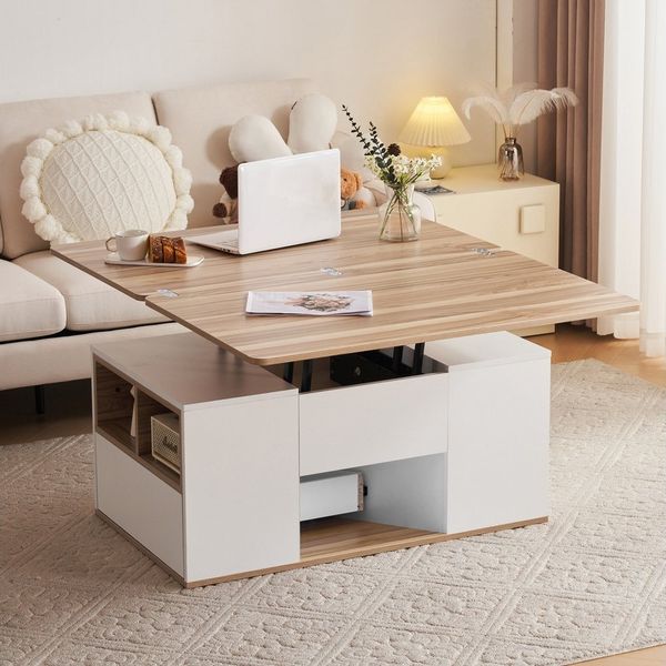 KLAM HOME Couchtisch Höhenverstellbarer 2-in-1 Couchtisch, Weiß/Holz mit 2 Schubladen (Esstisch & Arbeitstisch, Große Klappplatte für mehr Fläche, Esstisch & Arbeitstisch, Große Klappplatte für mehr Fläche), Praktischer Stauraum + modernes Design, für ...