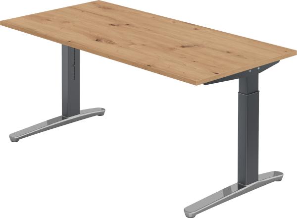 bümö manuell höhenverstellbarer Schreibtisch 160x80 in Asteiche, Gestell in graphit/alu - PC Tisch höhenverstellbar & groß, höhenverstellbarer Tisch Büro, großer Computertisch verstellbar, X16-R-GC