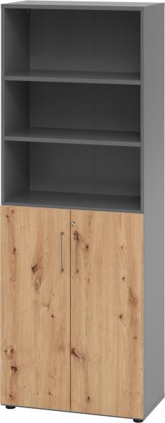 bümö Aktenregal & Schrank abschließbar, Büroschrank Regal Kombination Holz 80cm breit in Graphit/Asteiche - abschließbarer Schrank für's Büro & Arbeitszimmer, Büro Möbel Ordnerschrank, 968T3-G-R-BS