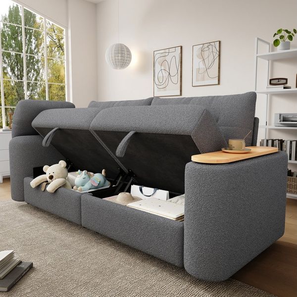 Merax 3-Sitzer klein modular Sofa mit Stauraum, Teddyplüsch, Schlafcouch für Apartment, Wohnzimmer & Gästezimmer 1 Teile, Sofa mit Kopfstütze, drehbarem Beistelltisch & verdecktem Stauraum