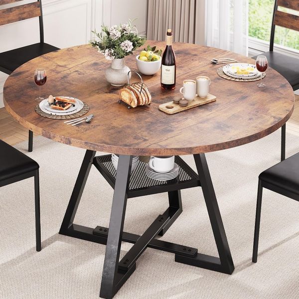 Jocoevol Esstisch Runder für 2–4 Personen, Esszimmertisch mit Ablage, platzsparender Küchentisch aus Holz im Industrial Design (Vintage Braun, 107 x 107 x 76 cm)