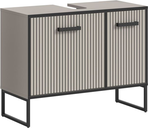 welltime Waschbeckenunterschrank LOCRI, Höhe 63 cm, 2 Türen, 2 Einlegeböden, mit Siphonausschnitt (1-St, industrial Look mit Rillenoptik & Metall Kufen) Badmöbel, Badschrank, Badkommode, Kommode, Schrank, Bad, Badezimmer