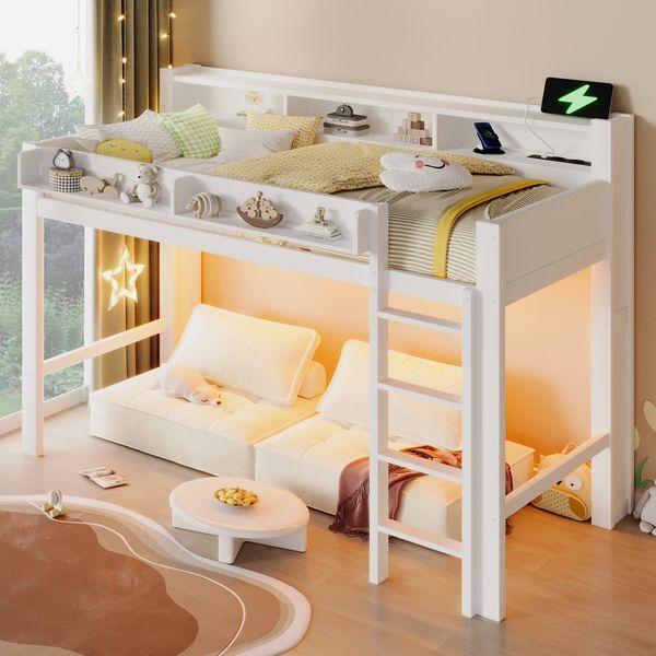 Hochbett mit RGB LED-Beleuchtung, Lattenrost, Regal, Schrank, Trittleiter, Rausfallschutz, USB und Type-C, 90x200 cm, Kinderbett, Kiefer