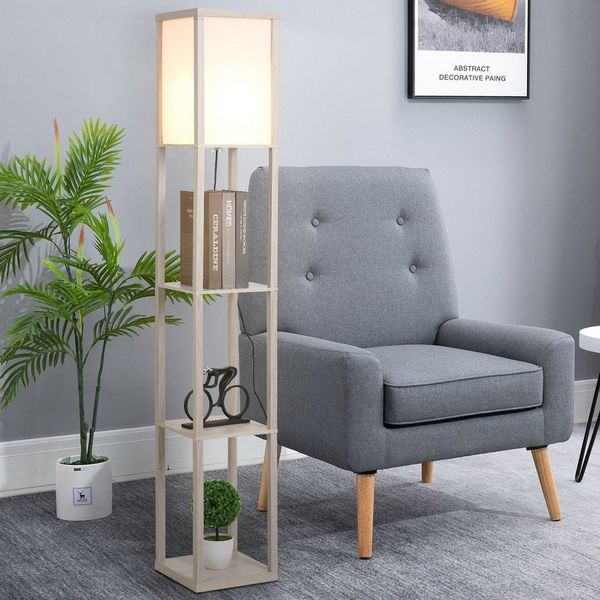 HOMCOM Stehlampe Standlampe mit Lampenschirm, Ablagefächer, Lichtquelle, Fußschalter, ohne Leuchtmittel, Stehlampe mit Ablagen, platzsparend