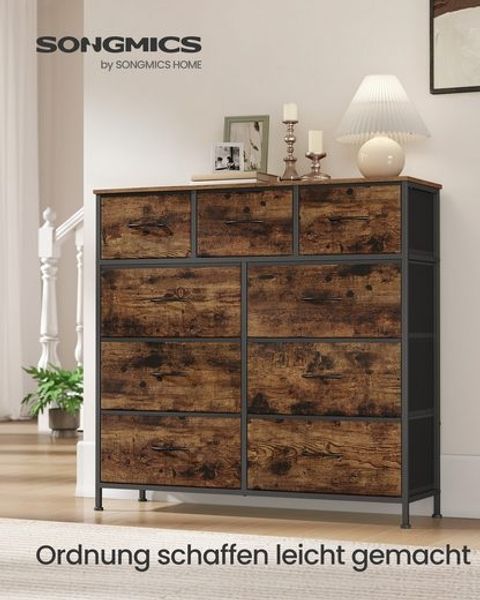 SONGMICS Kommode, Schrank, 9 Stoffschubladen, für Schlafzimmer, Flur, Wohnzimmer, braun-schwarz